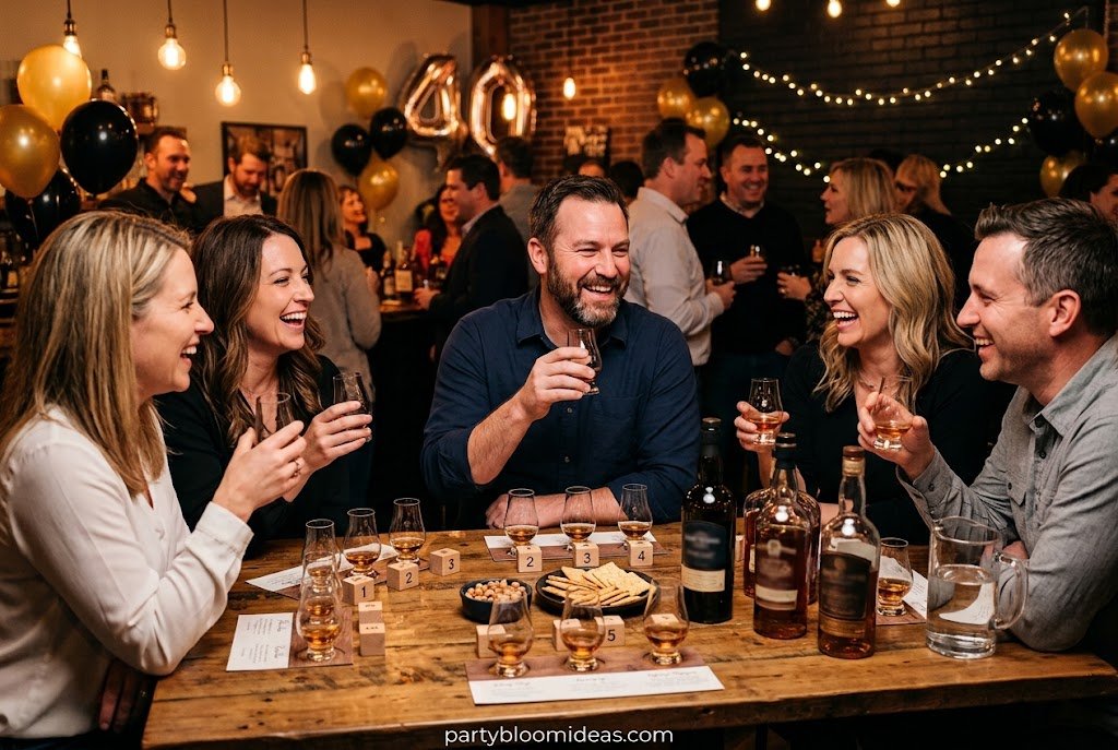 Whiskey tasting station with premium bourbon bottles and tasting glasses