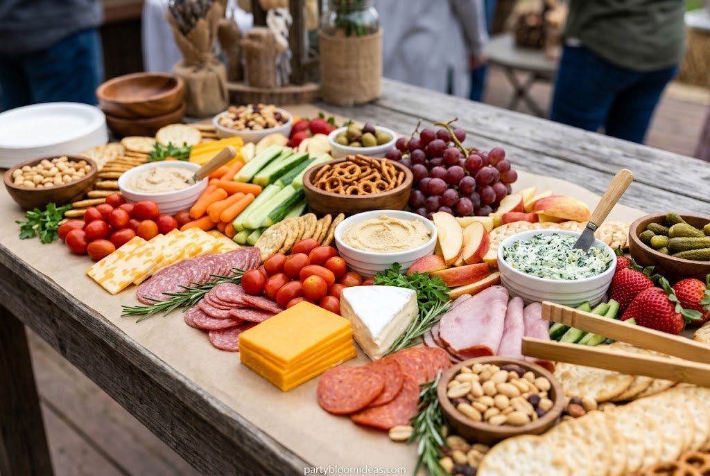 Affordable grazing table made with budget-friendly cheese, crackers, fruit, vegetables, and hummus.