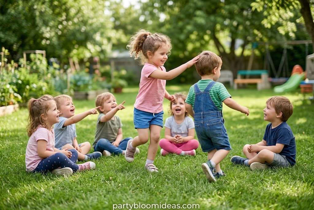 Kids playing Duck Duck Goose outdoor birthday party game