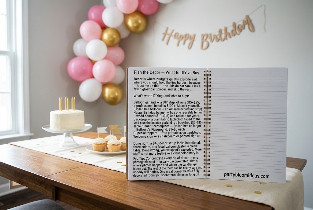DIY kids birthday party decorations with balloon garland, birthday banner, and decorated cake table