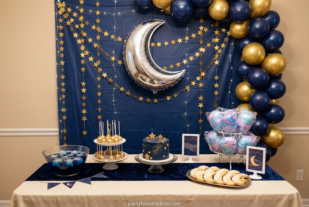Moon and stars celestial first birthday party theme with navy and gold decorations