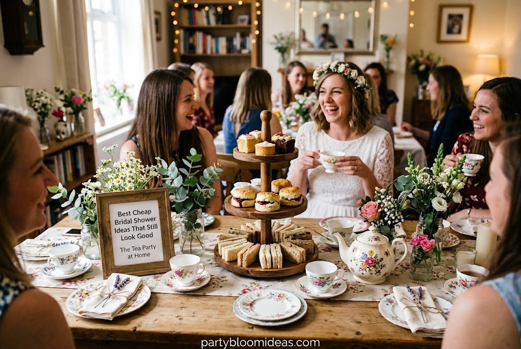 Charming bridal shower tea party with vintage teacups, pastries, and elegant floral decorations.