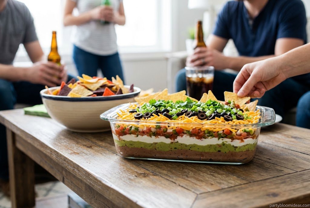 Easy colorful 7-layer dip for a party appetizer