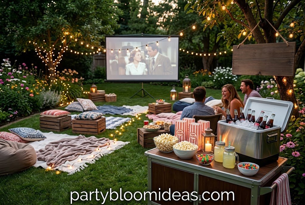 Outdoor movie night with projector screen, blankets, popcorn station, and string lights.