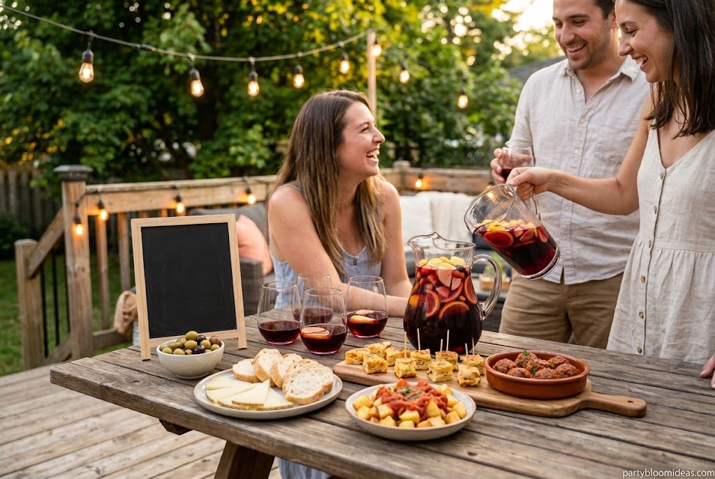 Backyard sangria and tapas party with Spanish appetizers and outdoor dining.