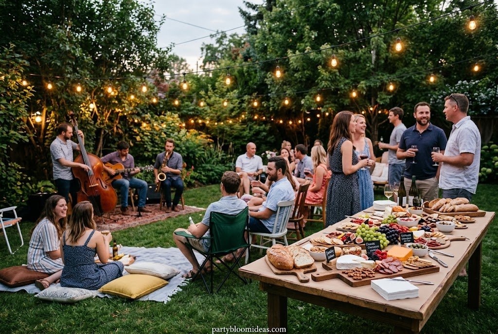 Backyard jazz night with grazing board, candles, and elegant evening ambiance.