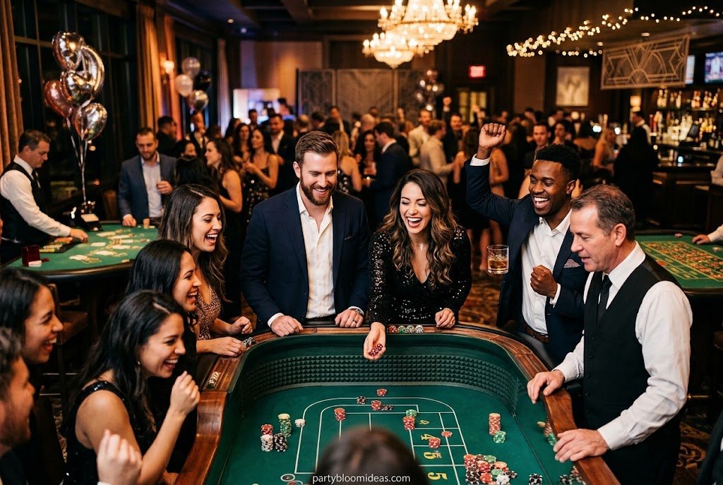 Casino-themed 30th birthday party with poker tables, chips, and elegant décor.