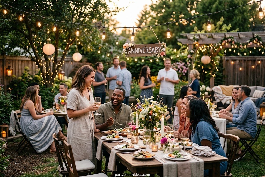 Cozy backyard anniversary party with string lights and long dining table