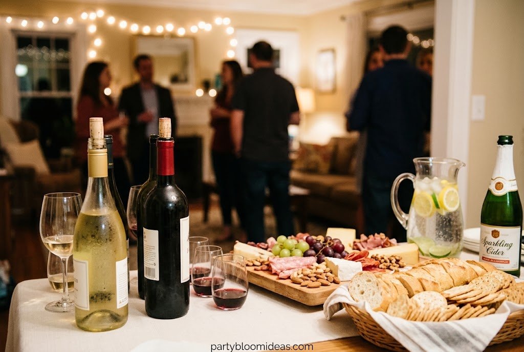 Guests enjoying a relaxed wine and cheese party while serving wine and refreshing the cheese board.