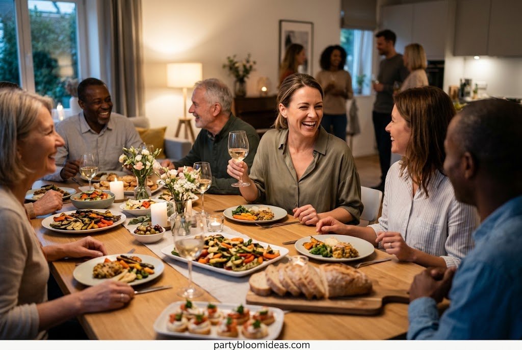 Relaxed dinner party host enjoying conversation with guests at a beautifully set table.