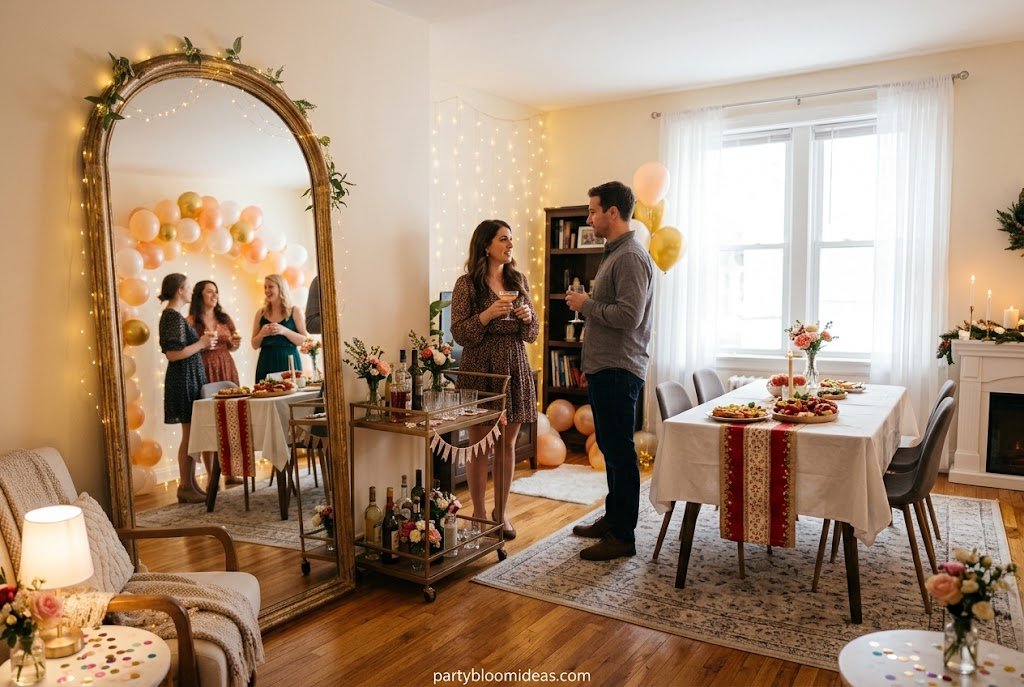 Large leaning mirror reflecting string lights to make a small apartment look bigger.