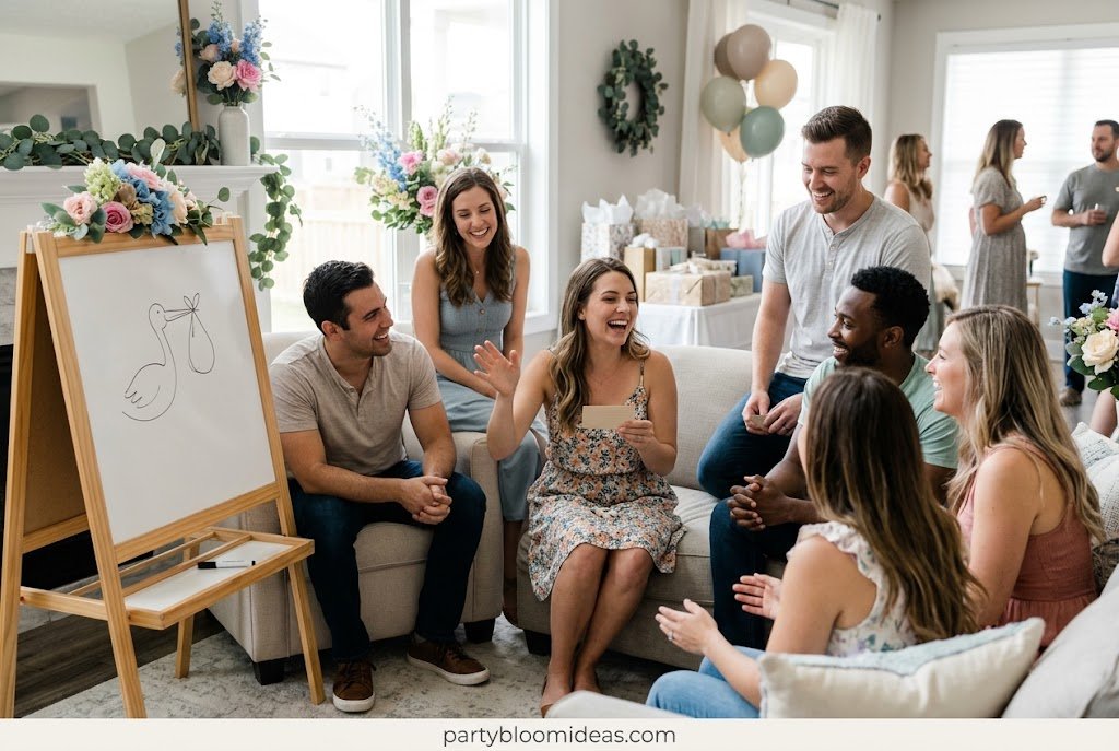 Friends acting out baby-themed charades and drawing funny baby-related clues during a baby shower.