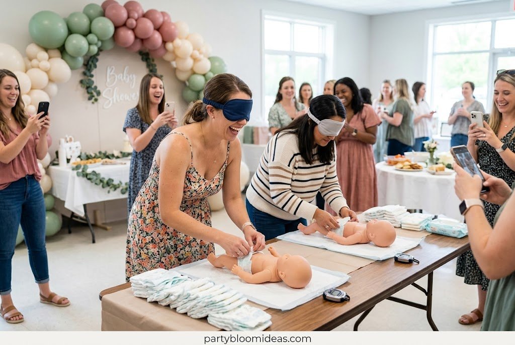 Two guests wearing blindfolds racing to change diapers on baby dolls while everyone laughs.