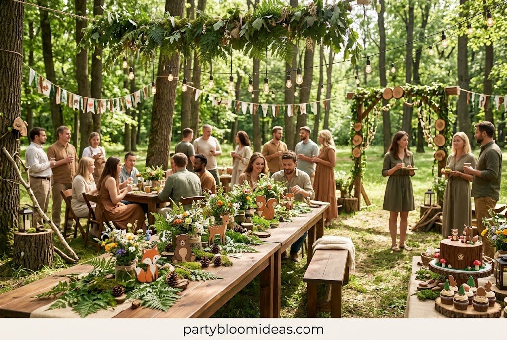 Woodland forest baby shower theme with rustic decor and woodland animal decorations