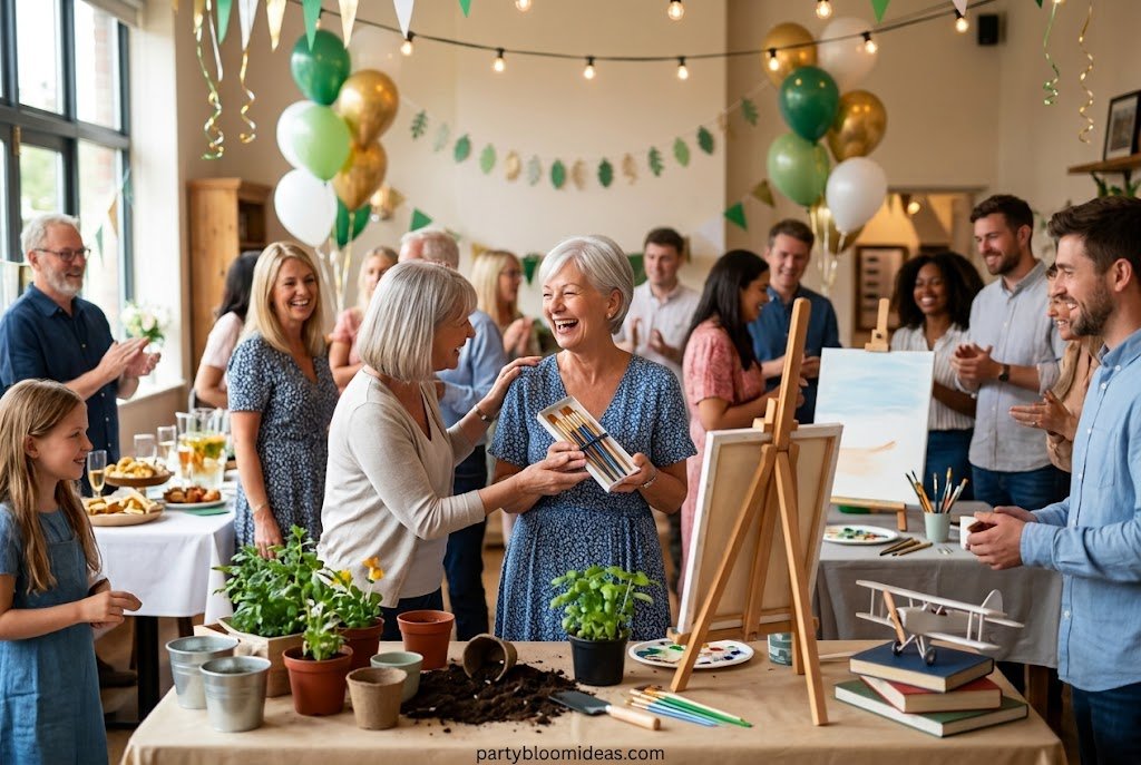 Retirement hobby-themed party celebrating gardening, fishing, painting, or woodworking passions