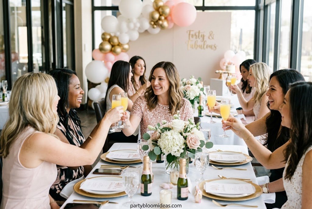 Glam 40th birthday brunch with blush and gold decorations and mimosa bar