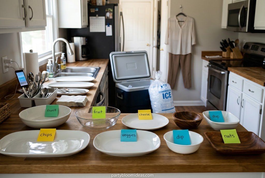 Make-ahead party food, decorations, and drink station setup before hosting guests