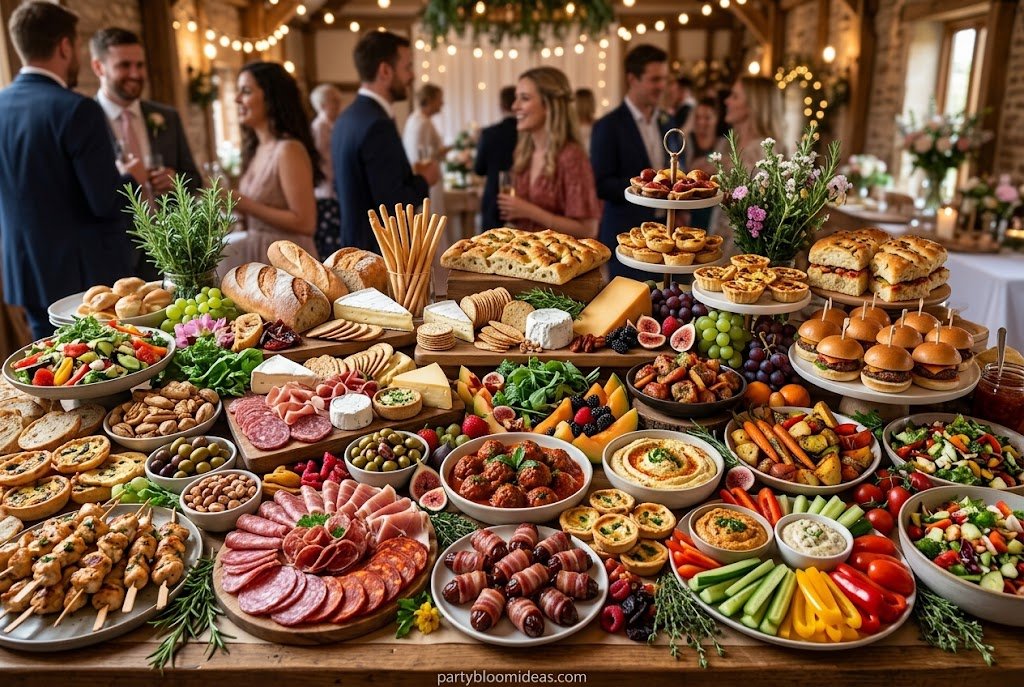 Large grazing table serving as a complete meal with sliders, cheeses, vegetables, breads, and appetizers.