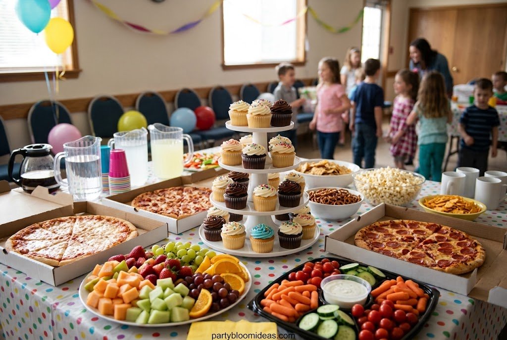 Kids birthday party table with pizza, cupcakes, birthday cake, fruit, snacks, and colorful drinks