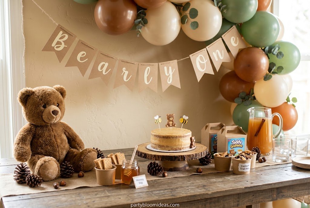 Bearly One woodland bear first birthday party theme with teddy bears and rustic decor