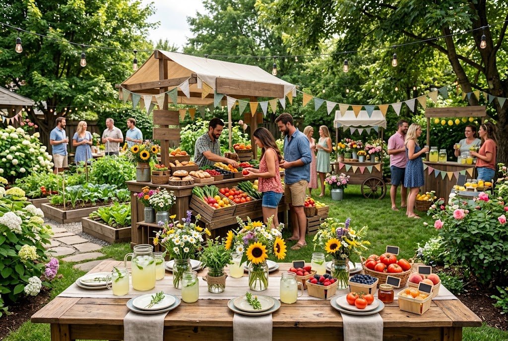 Farmers market inspired garden party with fresh flowers, produce, and rustic décor.