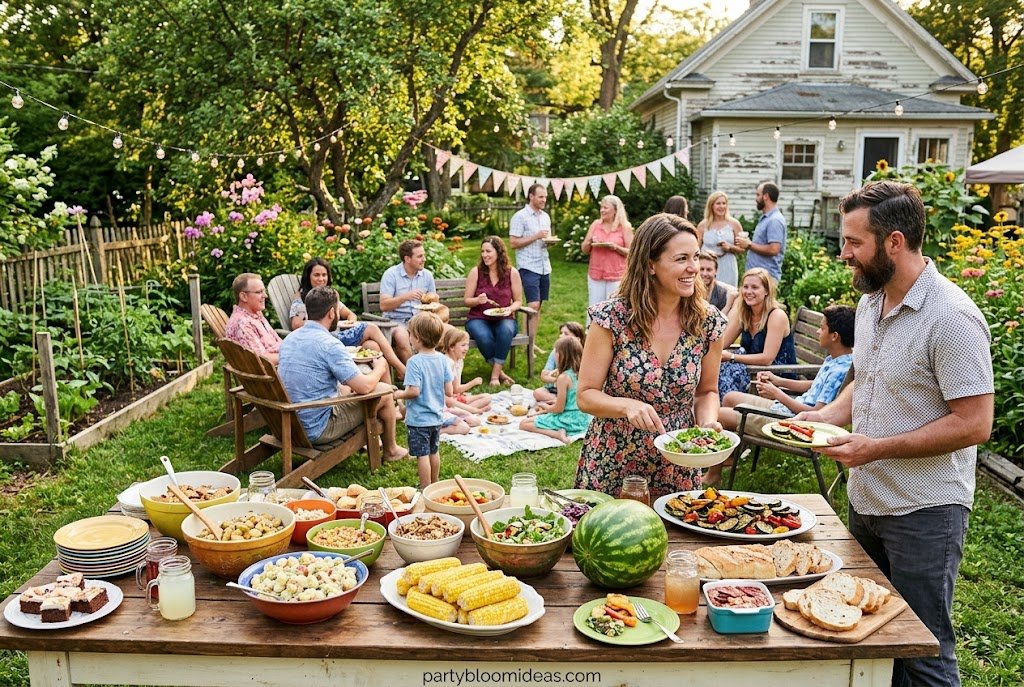 Backyard farmer's potluck featuring seasonal dishes and community dining.