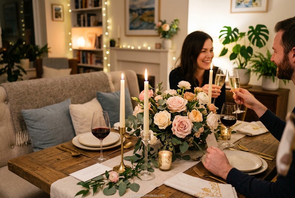 Romantic anniversary dinner at home with candles and elegant table setting