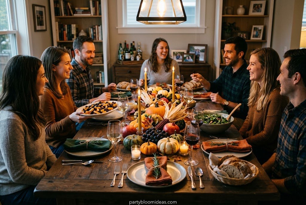 Autumn harvest dinner table with pumpkins, candles, and rustic seasonal décor.