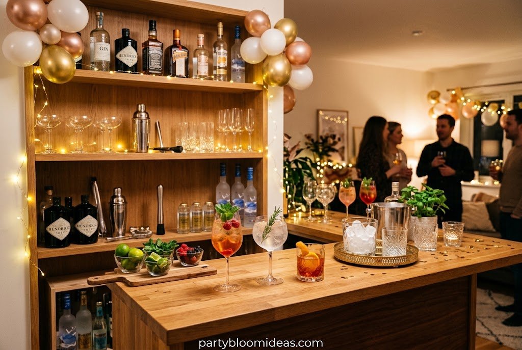 Small kitchen counter transformed into a stylish drink station for an apartment party.
