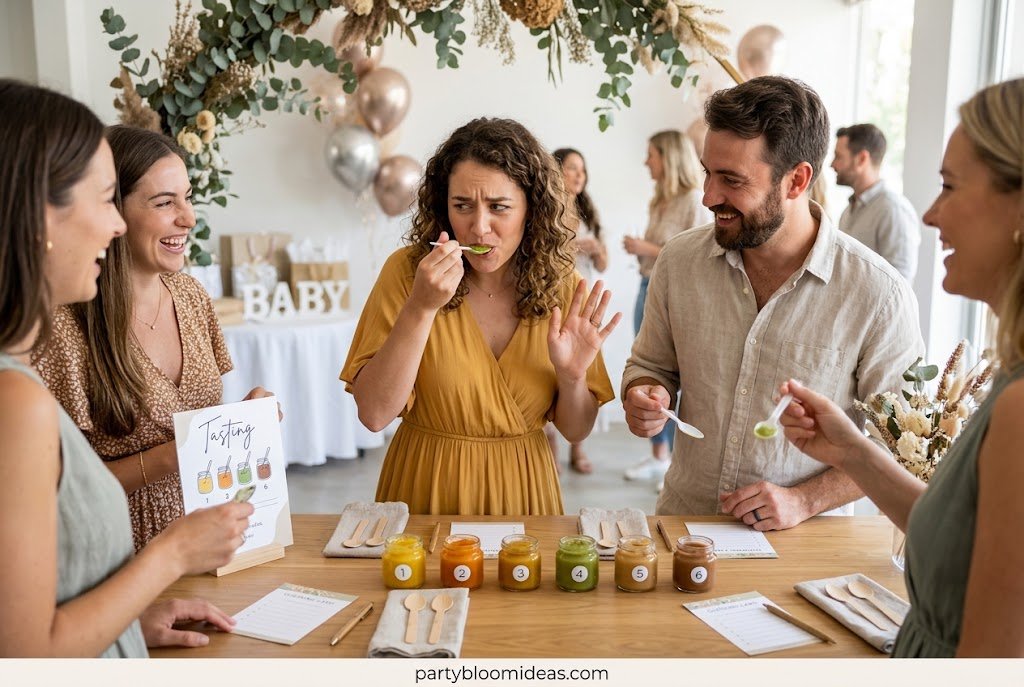 Guests filling out funny advice Mad Libs cards for the new parents at a baby shower Best Baby Shower Games Guests Actually Enjoy Playing