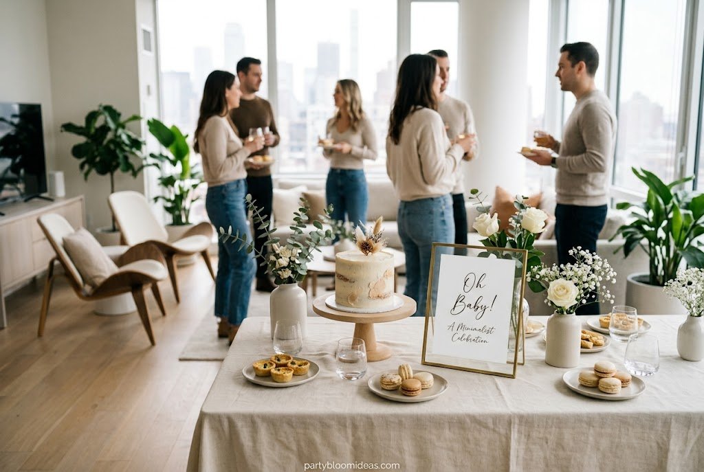Minimalist baby shower decoration with white floral arrangements and elegant styling