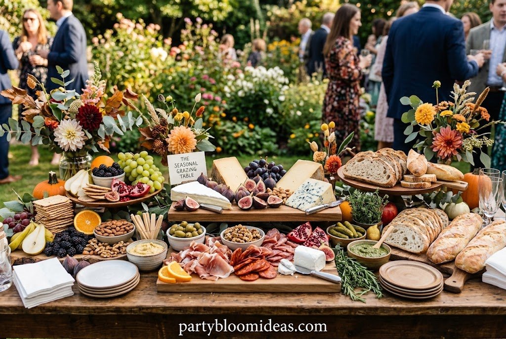 Seasonal grazing table decorated with fresh fruits, cheeses, herbs, pumpkins, and holiday-inspired ingredients.
