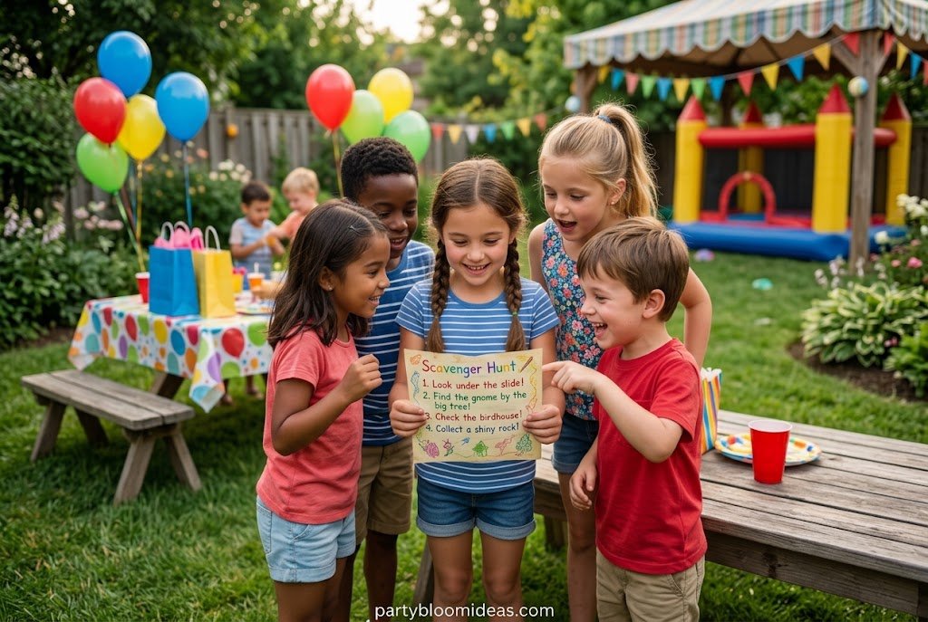 Children enjoying an exciting birthday scavenger hunt game
