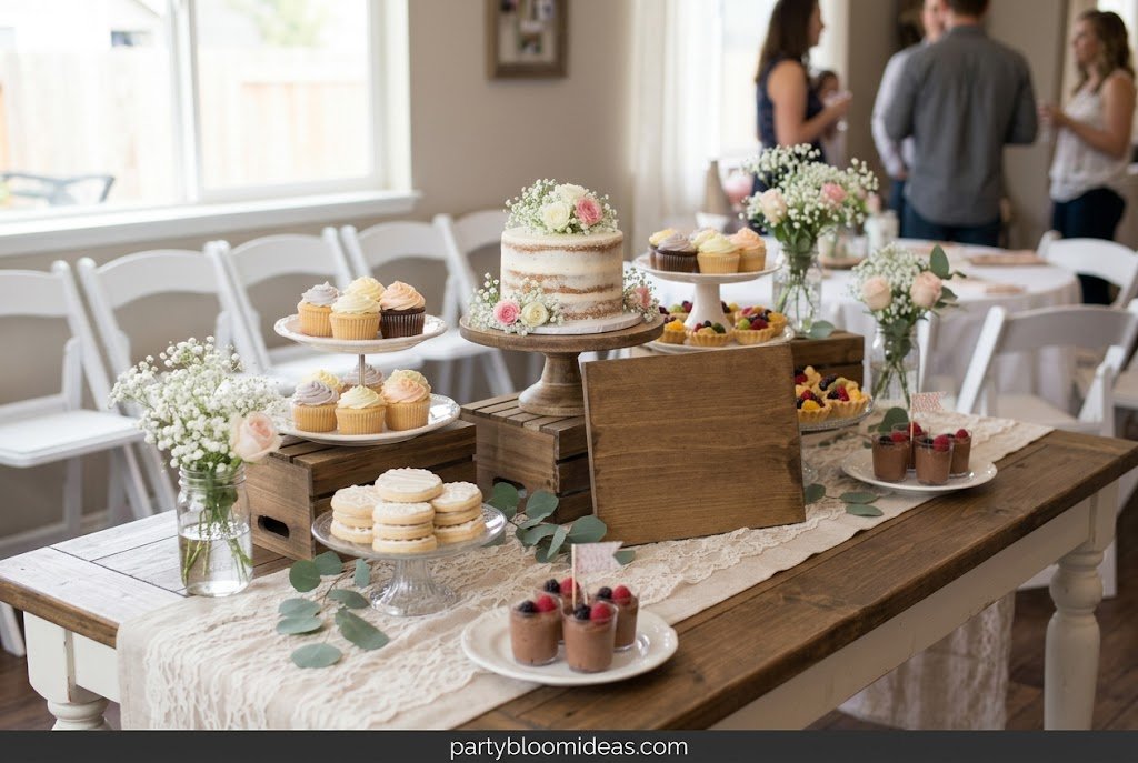 Bridal shower dessert table featuring cakes, cupcakes, macarons, and elegant floral styling.