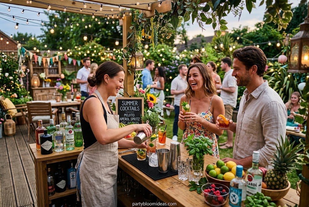 Elegant backyard cocktail party featuring bar cart, signature drinks, and candlelight.