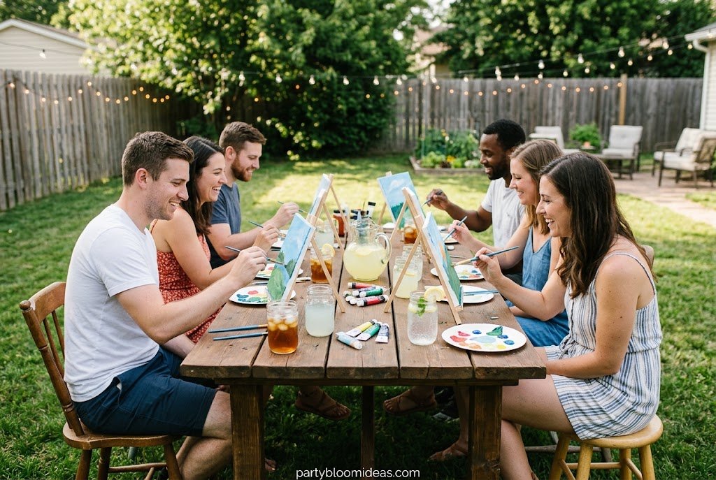 Backyard sip and paint party with canvases, wine, and creative outdoor activities.
