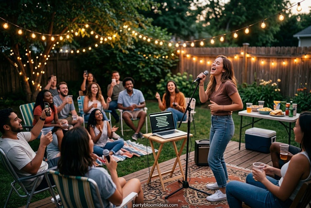Backyard karaoke party with microphone, stage area, and outdoor entertainment.