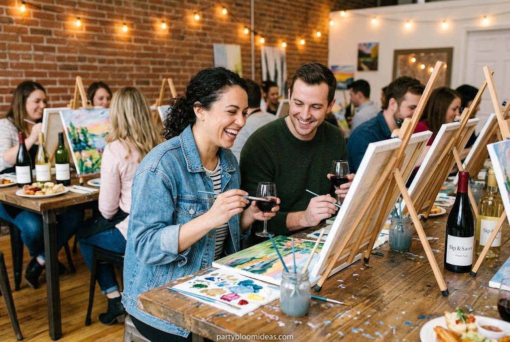 Wine and paint party with art supplies, grazing board, and relaxed birthday atmosphere.