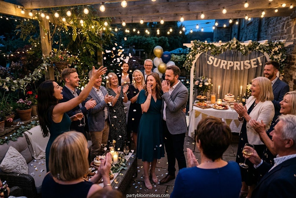 Family surprising a couple with a joyful anniversary celebration