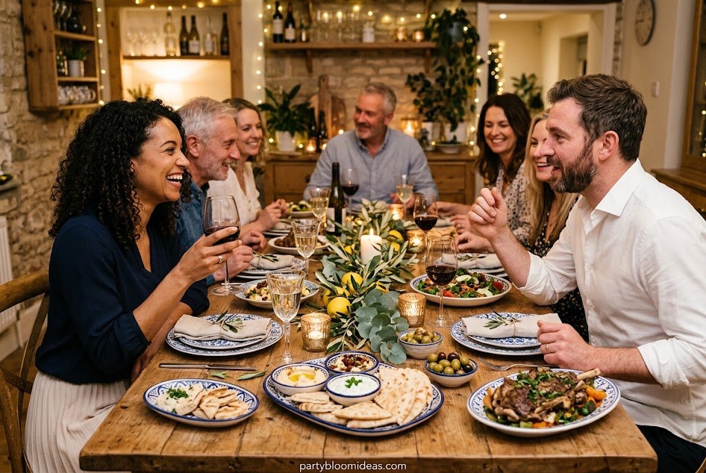 Mediterranean-inspired dinner party featuring olives, lemons, white tableware, and fresh herbs