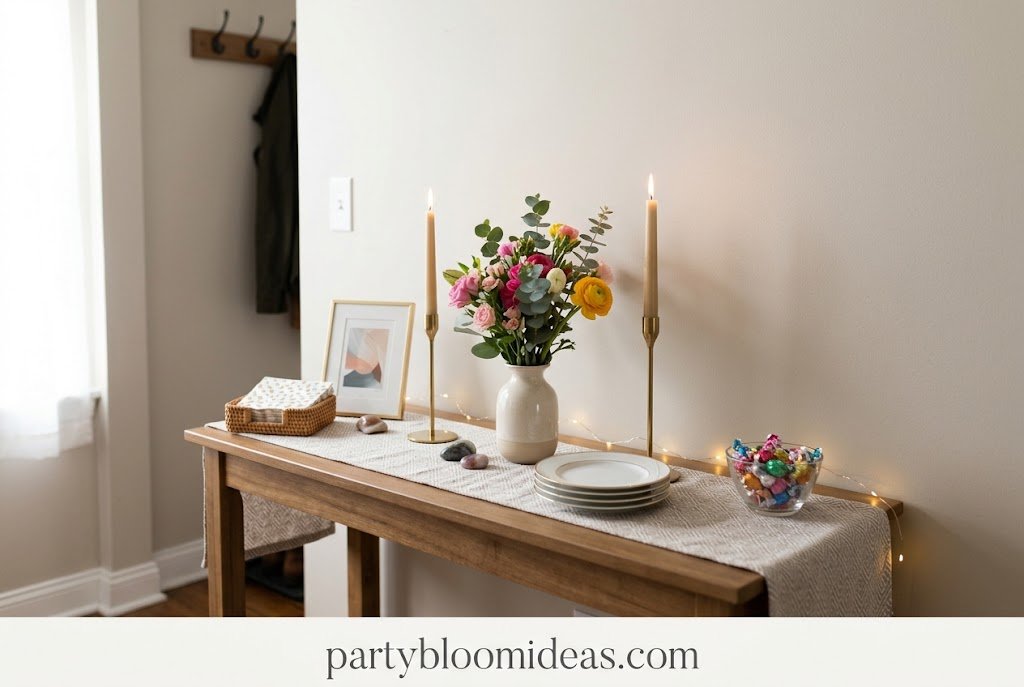 Slim console table decorated with food, flowers, and party accessories in a compact apartment.