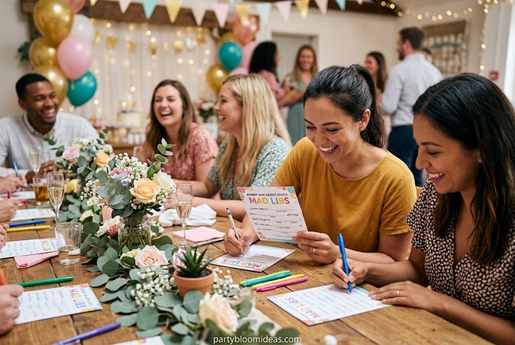 Blindfolded guests tasting baby food flavors and reacting with funny facial expressions Best Baby Shower Games Guests Actually Enjoy Playing