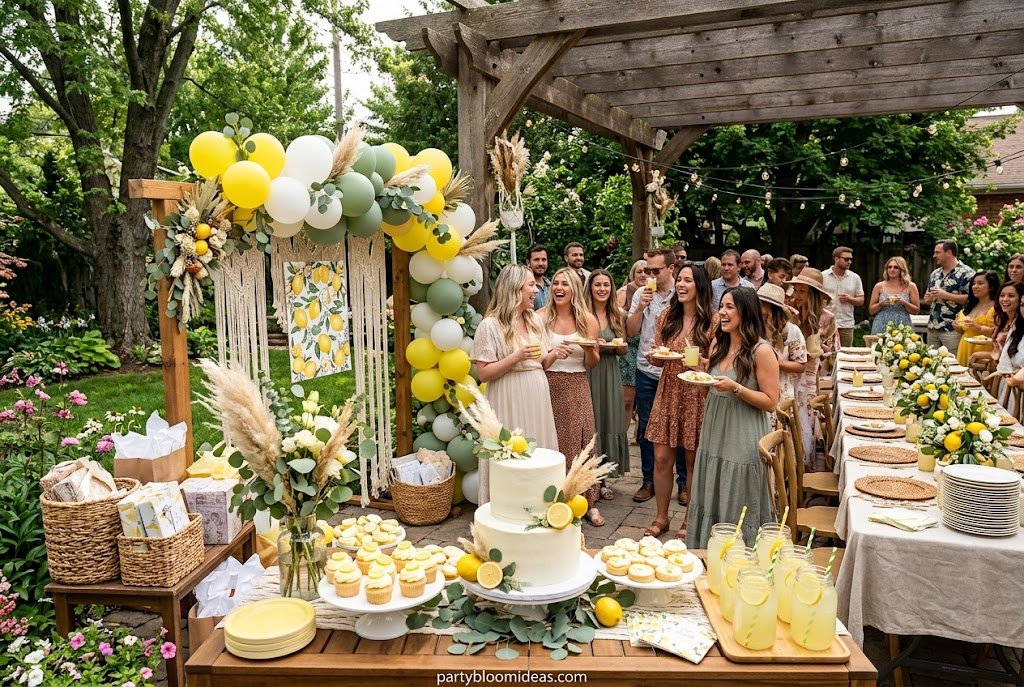 Lemon-themed baby shower decorations with fresh citrus and yellow accents