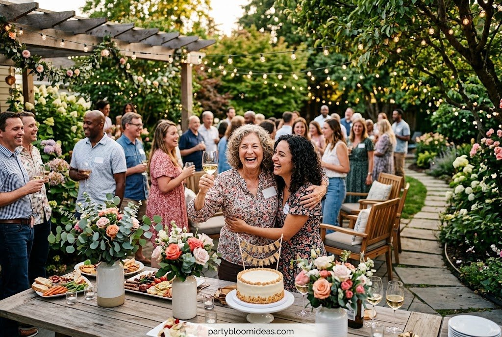 Cozy backyard retirement party with string lights, flowers, outdoor dining, and family gathering
