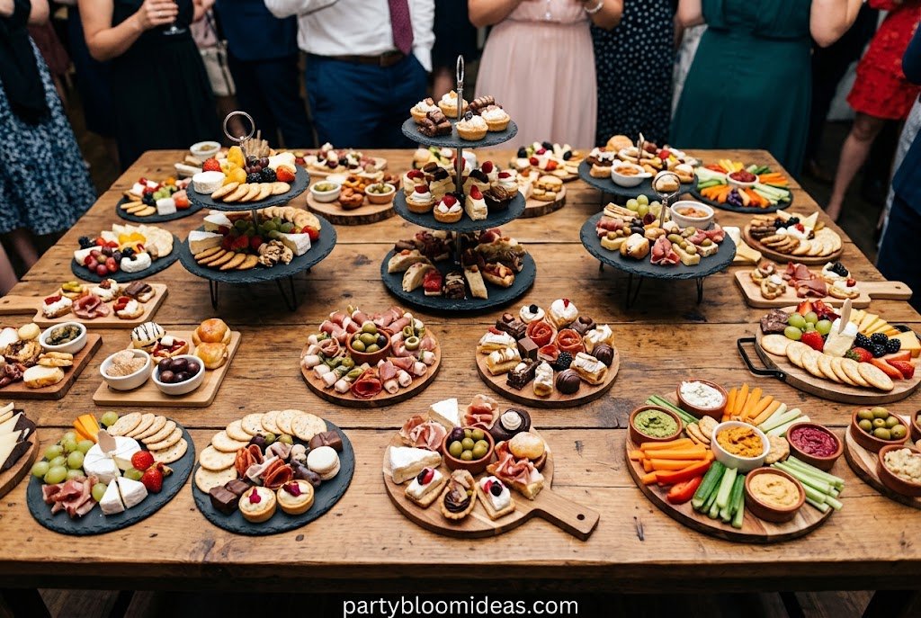 Individual mini grazing boards with cheese, meat, crackers, fruit, and snacks for each guest.