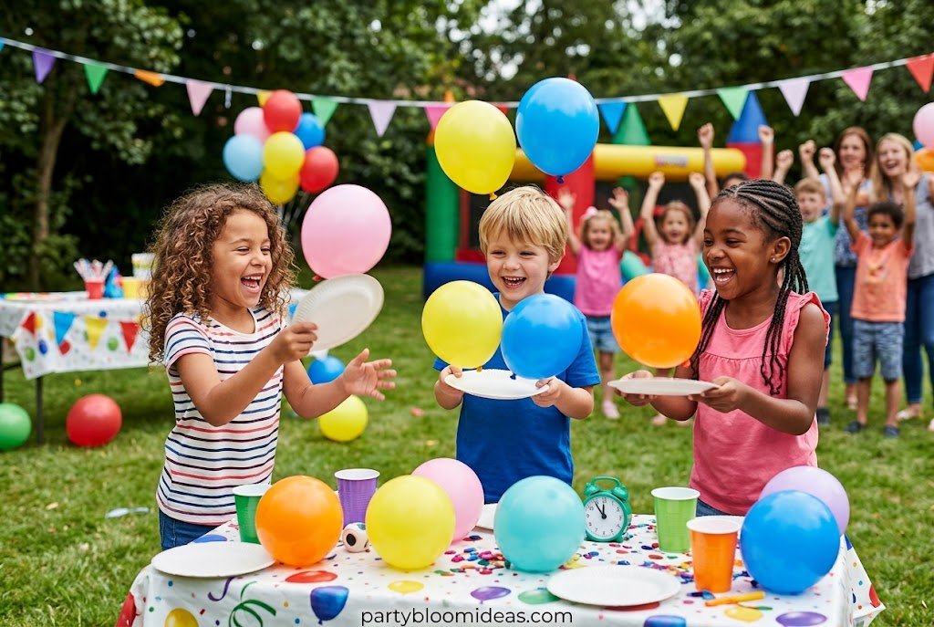 Kids playing Minute to Win It birthday party challenges