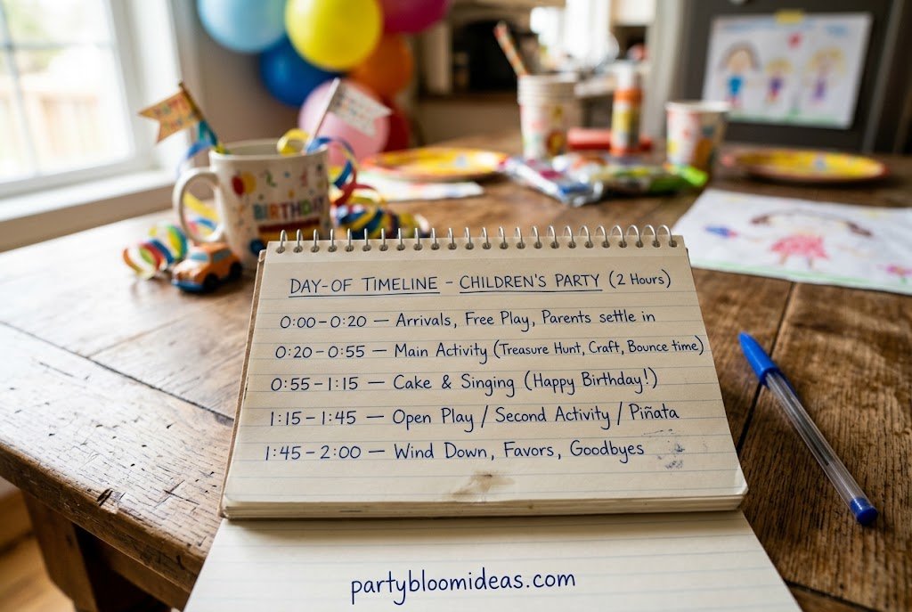 Parent organizing a kids birthday party schedule and checklist with timeline for party activities
