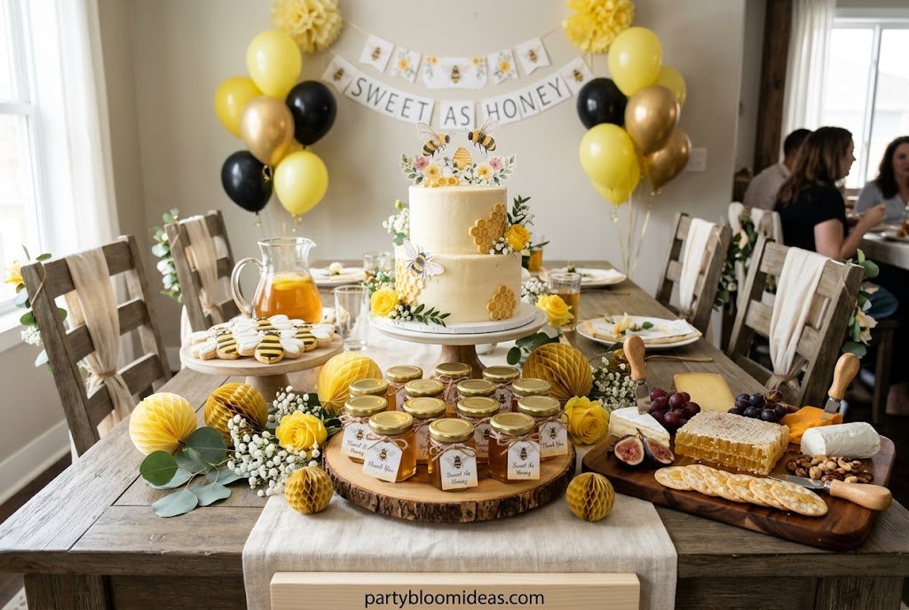 Sweet as Honey bee first birthday party theme with honey jars and yellow decorations