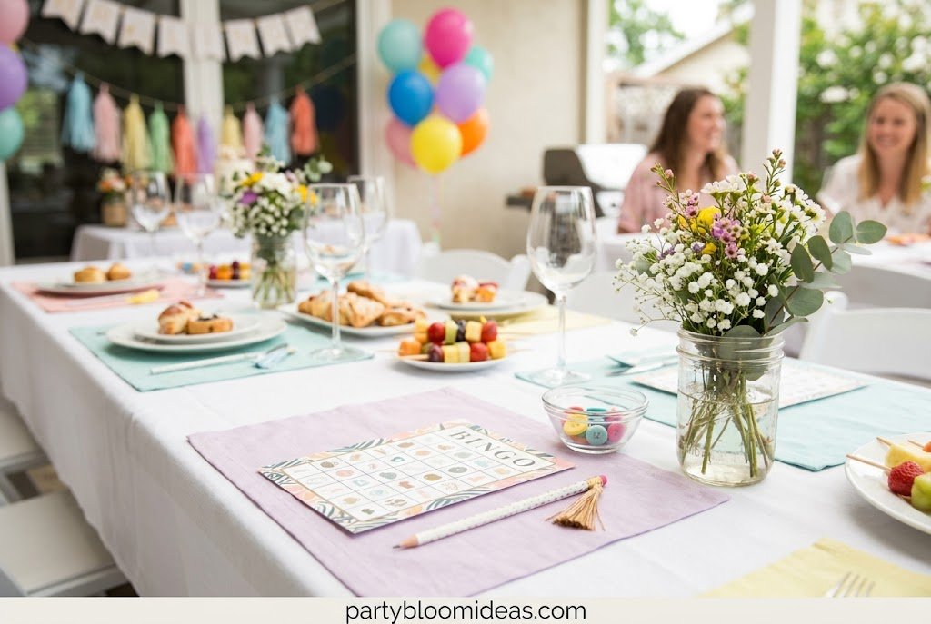 Bridal shower brunch with fun bridal bingo game, delicious food, and festive decorations.