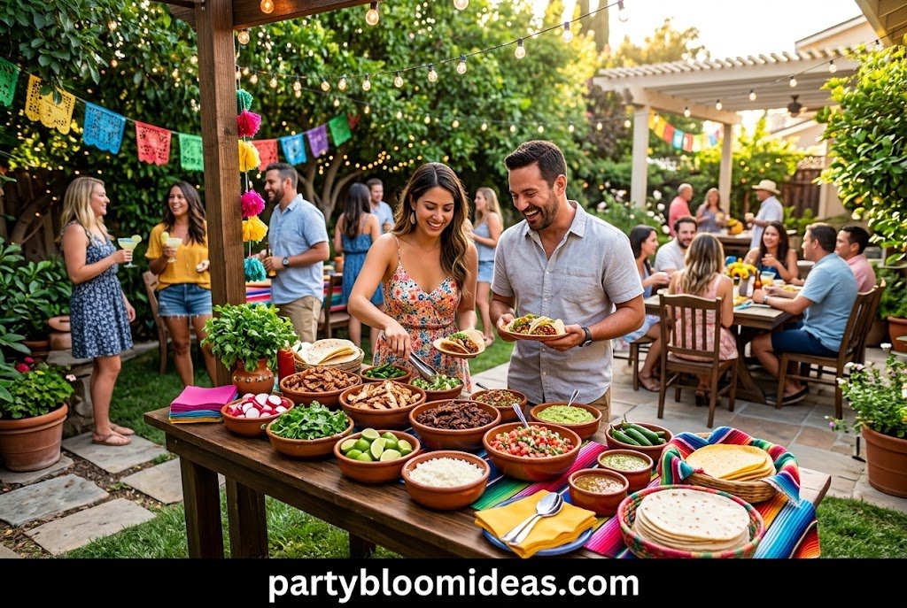 DIY backyard taco bar with colorful toppings, Mexican décor, and festive table setup.